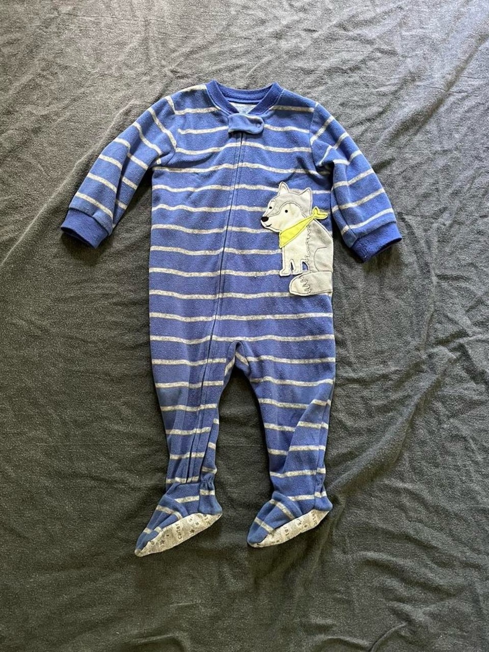 Carter's wolf blue striped fleece footed long sleeve one piece pajamas